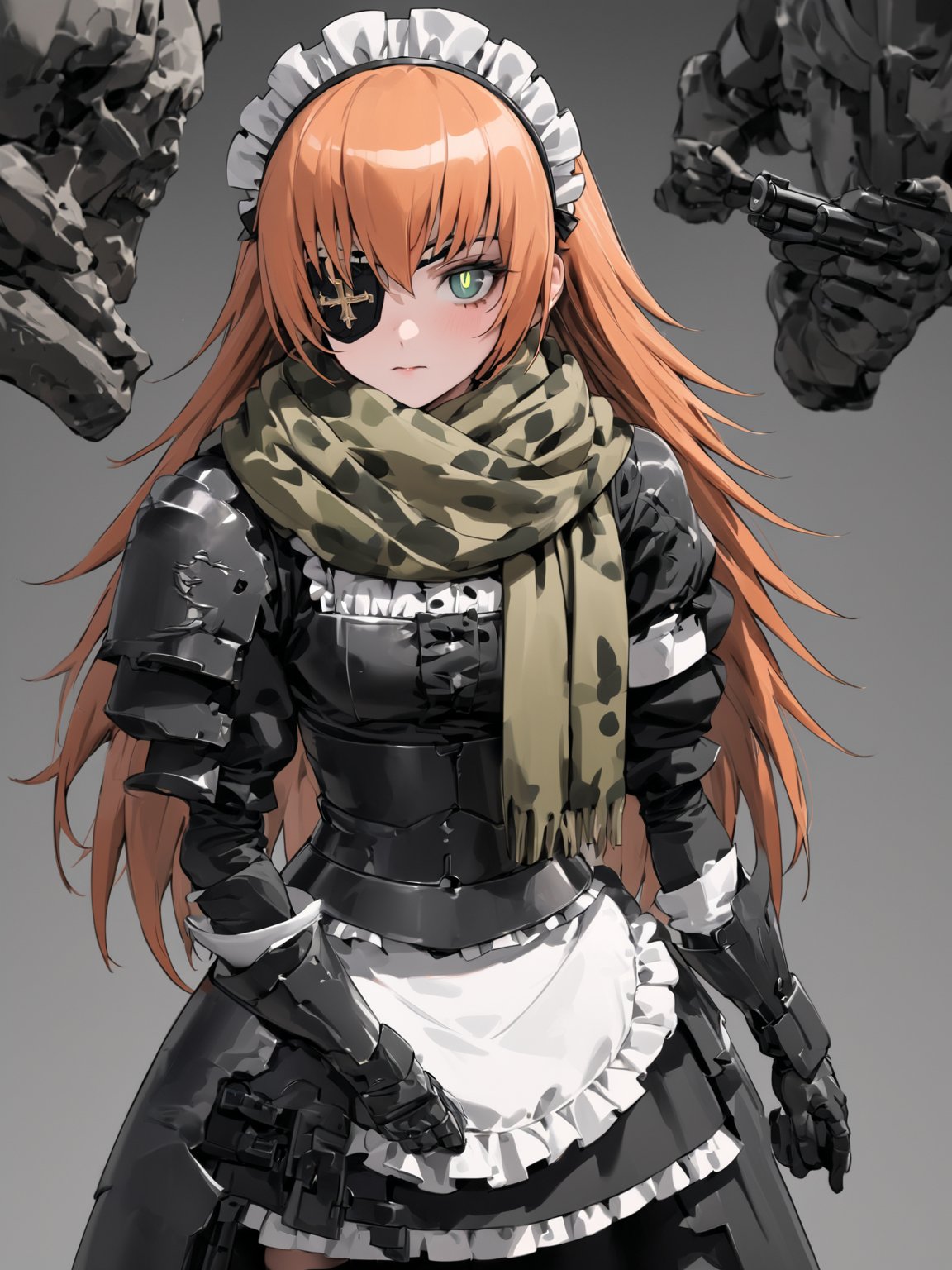 //Quality,
masterpiece, best quality, detailed
,//Character,
solo,
,//Fashion,
,//Background,
simple_background
,//Others,
,cz2128_delta \(overlord\), 1girl, long hair, green eyes, orange hair, eyepatch, maid, maid headdress, camouflage, green scarf, gloves, dress, boots, armor, gun, cross pupils