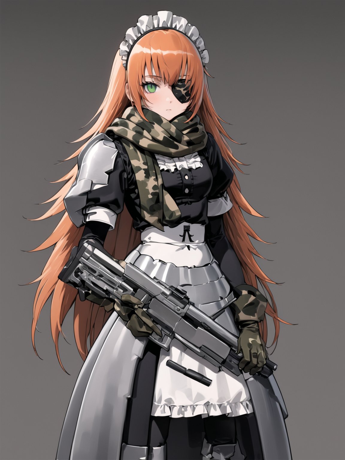 //Quality,
masterpiece, best quality, detailed
,//Character,
solo,
,//Fashion,
,//Background,
simple_background
,//Others,
,cz2128_delta \(overlord\), 1girl, long hair, green eyes, orange hair, eyepatch, maid, maid headdress, camouflage, green scarf, gloves, dress, boots, armor, gun