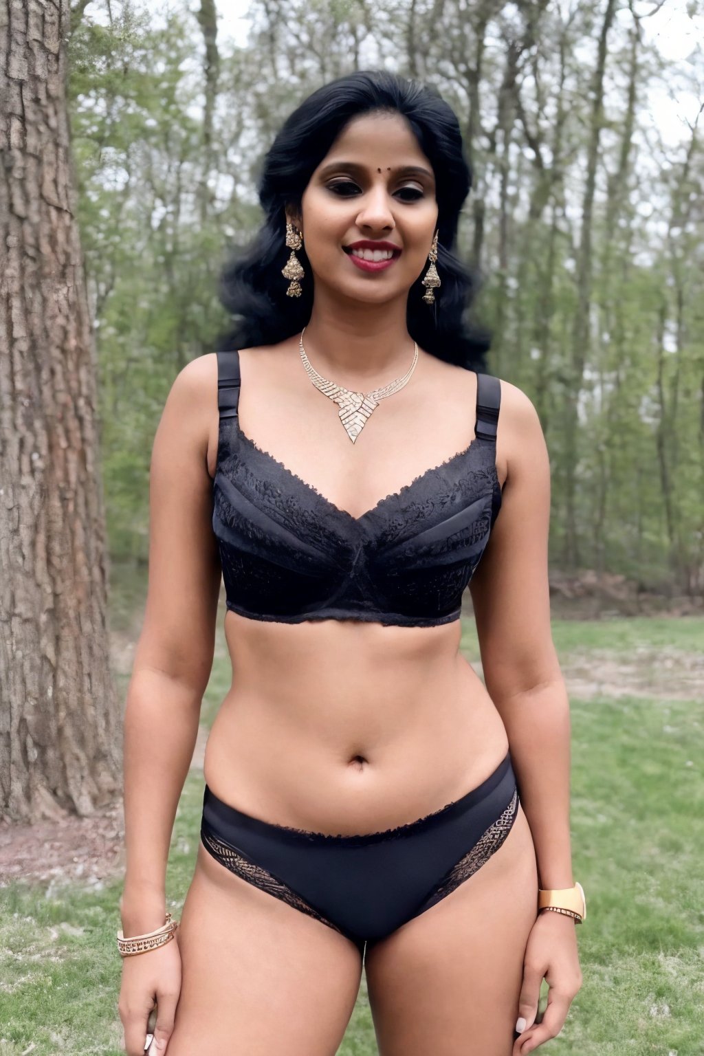 1girl, solo, long hair, brown hair, black hair, navel, jewelry, underwear, earrings, midriff, bra, ring, lingerie, lipstick, black bra, realistic,mallu girl