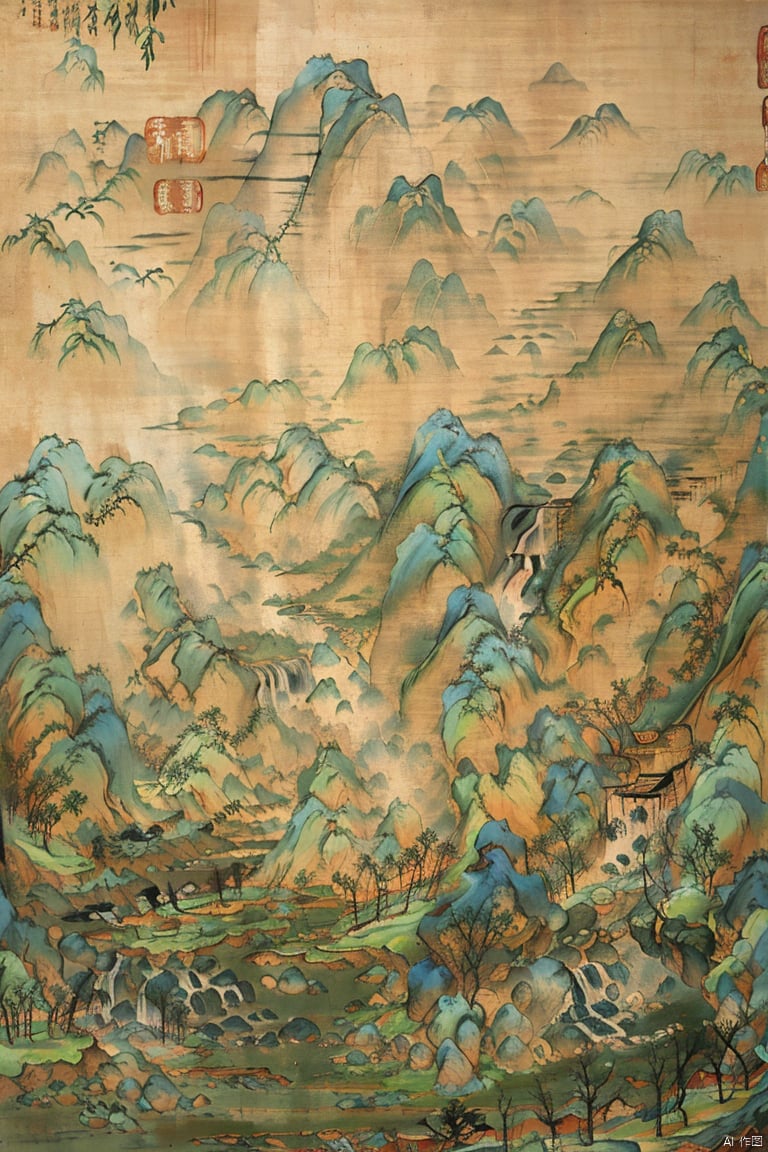  Traditional Chinese landscape painting, Chinese freehand brushwork, Qing Dynasty landscape painter Gong Xian style, mountains, trees, waterfalls, water flow, ink accumulation method, heavy,vast国画, Traditional chinese painting