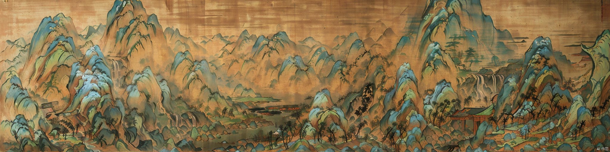  Traditional Chinese landscape painting, Chinese freehand brushwork, Qing Dynasty landscape painter Gong Xian style, mountains, trees, historic building,waterfalls, water flow, ink accumulation method, heavy,vast国画, Traditional chinese painting