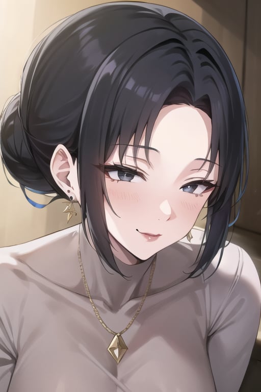 1girl,solo_female,smirk,dongtan_dress,grey dress,dongtan dress,(masterpiece, best quality:1.2,HD,4K,UHD),forehead,hair_pulled_back,mother1,mother1, black hair, single hair bun, black eyes, earrings, jewelry, lipstick, makeup, mole under mouth, mature female, (mature female:1.2),turtle_neck