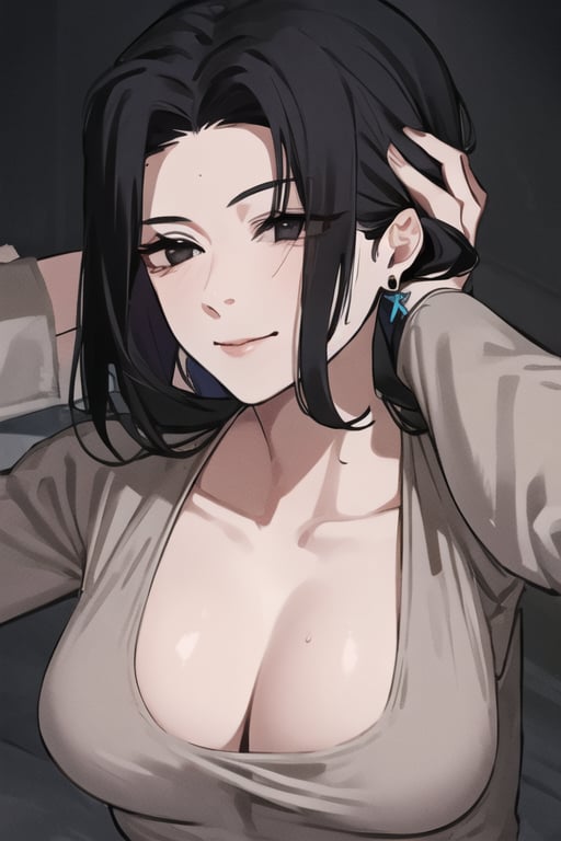 1girl,solo_female,smirk,dongtan_dress,grey dress,dongtan dress,(masterpiece, best quality:1.2,HD,4K,UHD),forehead,hair_pulled_back,mother1,mother1, black hair, dark_skin,black eyes, earrings, jewelry, lipstick,collarbone, turtle_neck,96y,johnk