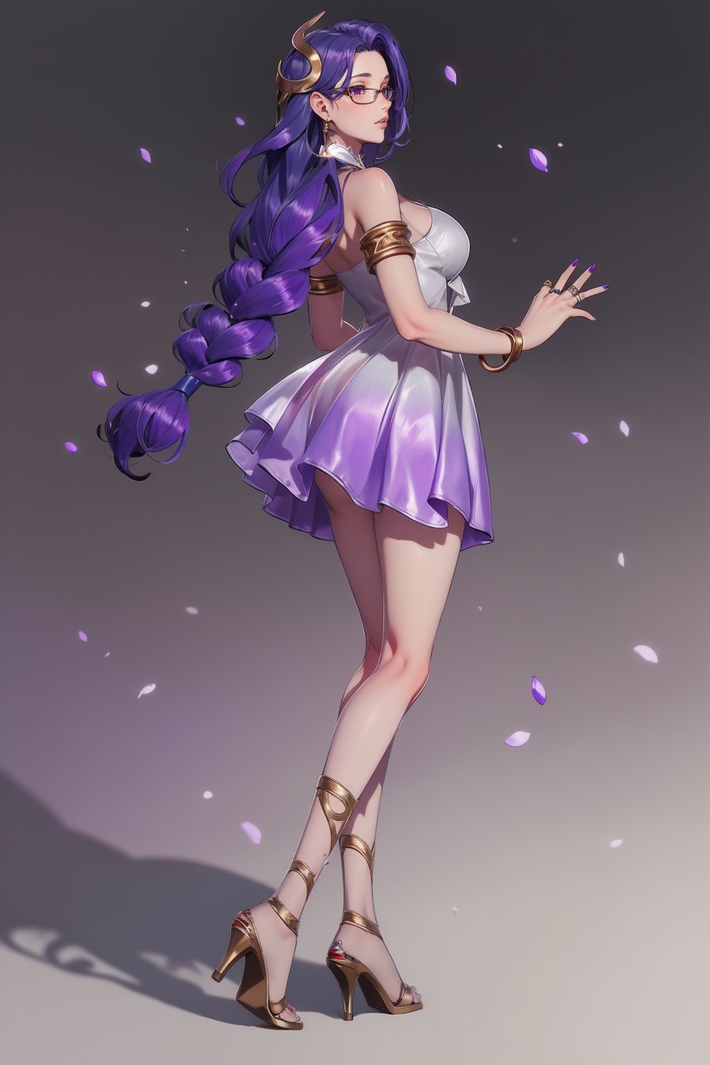 masterpiece, best quality, tthl, 1girl, solo, long hair:1.2, large breasts, bangs, hair ornament, braided ponytail, dress, bare shoulders, jewelry, purple eyes, purple hair, alternate costume, nail polish, white dress, bracelet, earrings, short dress, purple dress, glasses, lasses semi-rimless eyewear, under-rim eyewear, bracelet, armlet, ring,toenails, purple nails, high heels, strappy heels, stiletto heels, hand behind back, viewed_from_behind