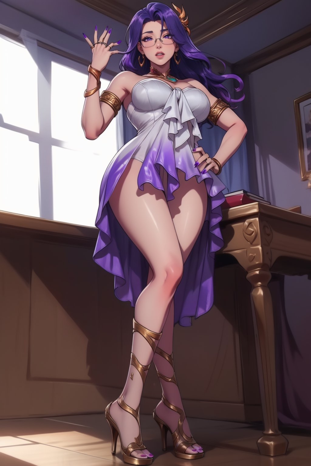 masterpiece,  best quality,  
tthl, 1girl, 30 years old, solo, long hair:1.2, large breasts, bangs, hair ornament, glasses, lasses semi-rimless eyewear:1.2,  under-rim eyewear:1.2, braided ponytail, dress, bare shoulders, jewelry, purple eyes, purple hair, alternate costume, nail polish, white dress,  bracelet, earrings,  short dress:1.5, purple dress, bracelet, armlet, ring,toenails, purple nails, high heels, strappy heels, stiletto heels, seductive smile,crossed legs, sitting on object, indoors, from below , ,solo, sketch, portrait, simple 