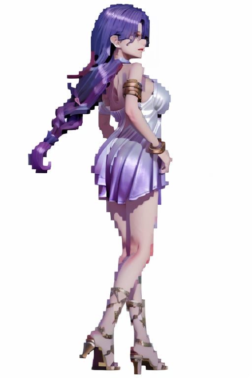 masterpiece, best quality, tthl, 1girl, solo, long hair:1.2, large breasts, bangs, hair ornament, braided ponytail, dress, bare shoulders, jewelry, purple eyes, purple hair, alternate costume, nail polish, white dress, bracelet, earrings, short dress, purple dress, glasses, lasses semi-rimless eyewear, under-rim eyewear, bracelet, armlet, ring,toenails, purple nails, high heels, strappy heels, stiletto heels, hand behind back, viewed_from_behind,