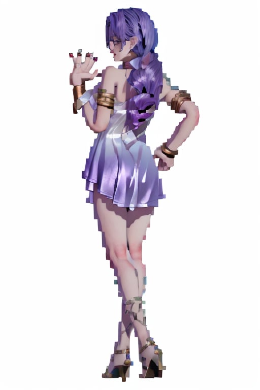 masterpiece, best quality, tthl, 1girl, solo, long hair:1.2, large breasts, bangs, hair ornament, braided ponytail, dress, bare shoulders, jewelry, purple eyes, purple hair, alternate costume, nail polish, white dress, bracelet, earrings, short dress, purple dress, glasses, lasses semi-rimless eyewear, under-rim eyewear, bracelet, armlet, ring,toenails, purple nails, high heels, strappy heels, stiletto heels, hand behind back, viewed_from_behind,