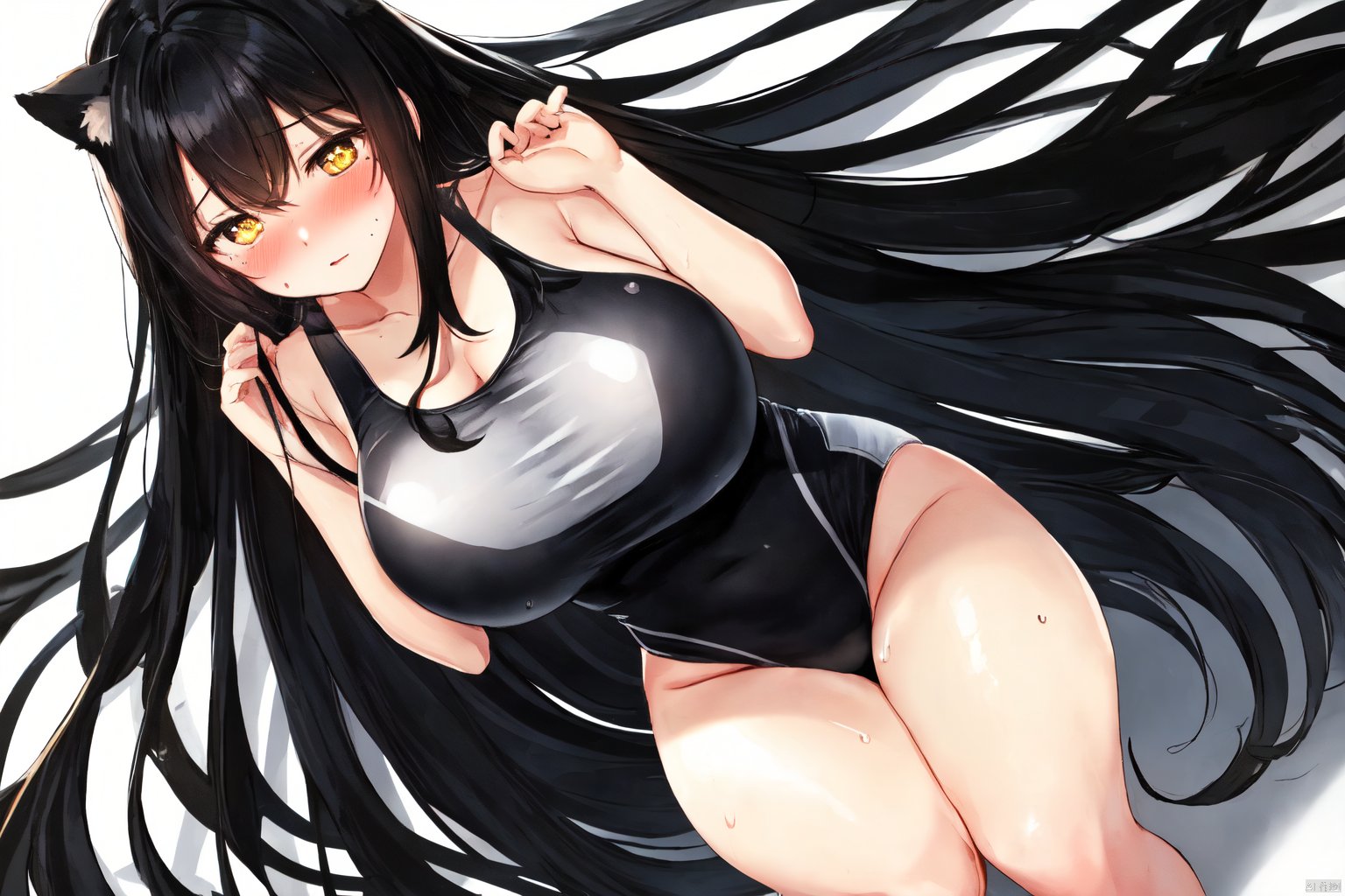 (dramatic lighting), (best quality), white background, simple background, BREAK 1girl, solo, milf, (thicc, large breasts) symbol-shaped pupils, yellow eyes, blush, shy, mole under eye, BREAK (very long hair, black hair:1.25), dog ears, white ribbon, BREAK moist glistening skin, detailed skin, sweat, (pubic hair, sparse pubic hair:0.85), slingshot swimsuit, white one-piece swimsuit, BREAK looking at viewer, hands above head , from above , squatting BREAK  