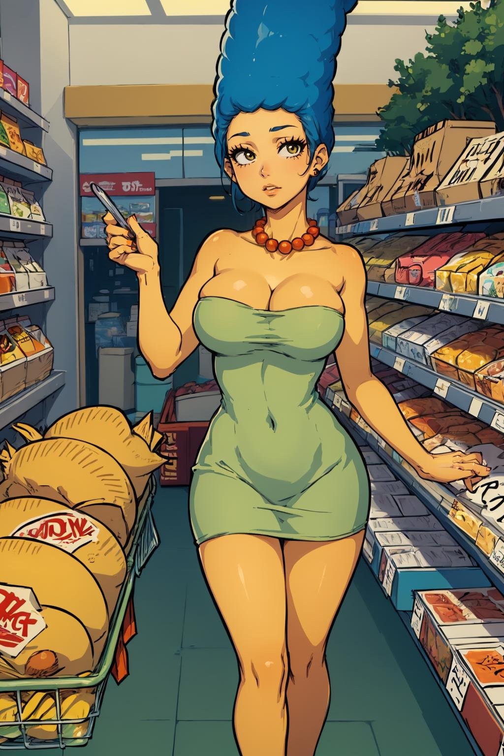 (masterpiece, best quality:1.2),  <lora:marge_simpson:1>, marge simpson, 1girl, solo, breasts, large breasts, dress, cleavage, jewelry, necklace, strapless, short dress, strapless dress, pearl necklace, afro, yellow skin, convenience store, groceries, colorful, shopping, shopping cart, looking at viewer, eyelashes, 