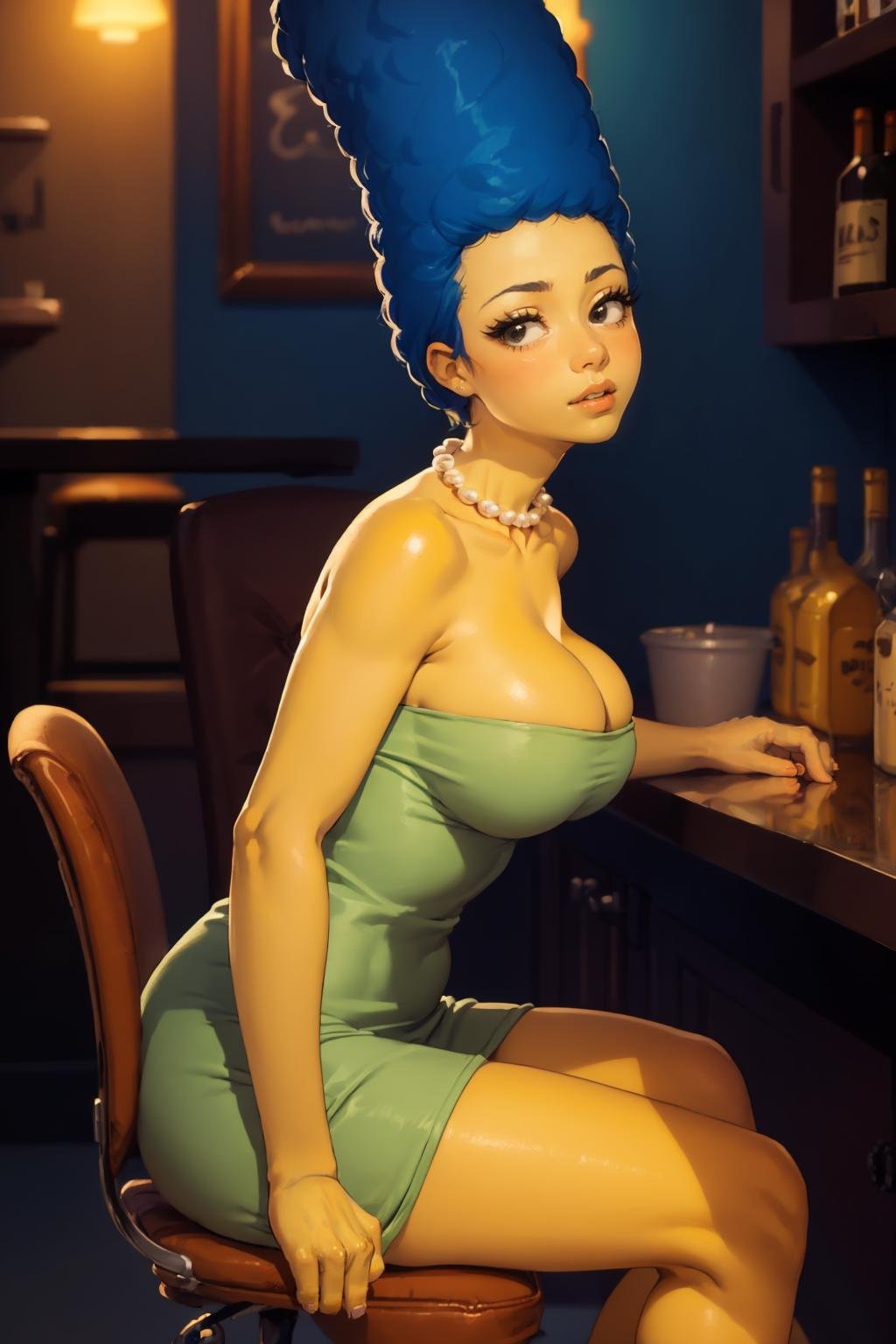 (masterpiece, best quality:1.2),  <lora:marge_simpson:1>, marge simpson, 1girl, solo, breasts, large breasts, dress, black eyes, cleavage, jewelry, necklace, strapless, short dress, strapless dress, pearl necklace, afro, yellow skin, bar (place), neon lights, chair, sitting, alcohol, from side, 