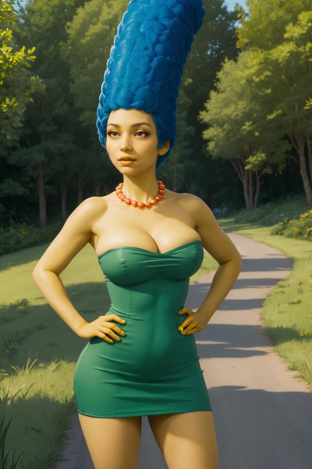 (masterpiece, best quality:1.2),  <lora:marge_simpson:1>, marge simpson, 1girl, solo, breasts, large breasts, dress, black eyes, cleavage, jewelry, necklace, strapless, short dress, strapless dress, red pearl necklace, afro, yellow skin, house, road, outdoors, grass, hands on hips,