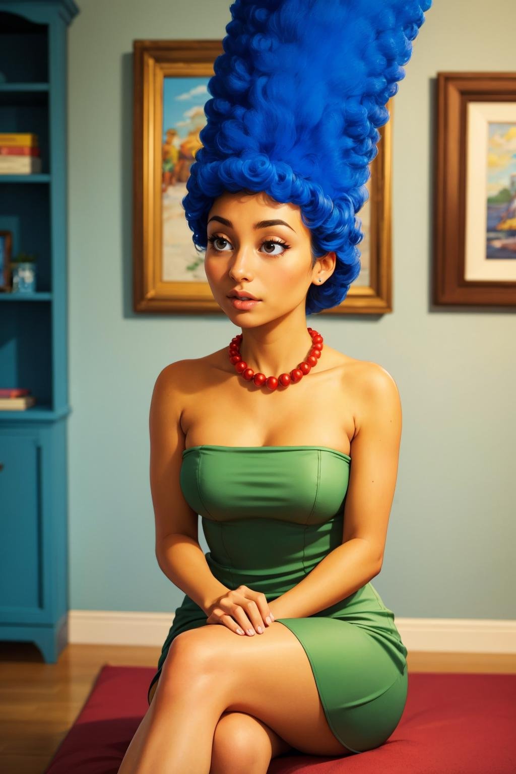 masterpiece, best quality,  1girl, solo, looking at viewer, breasts, <lora:margesimpson-guy-v2:1>, margesimpson, yellow skin, afro, big hair, necklace, pearl necklace, strapless dress, green dress, indoors, sitting, 