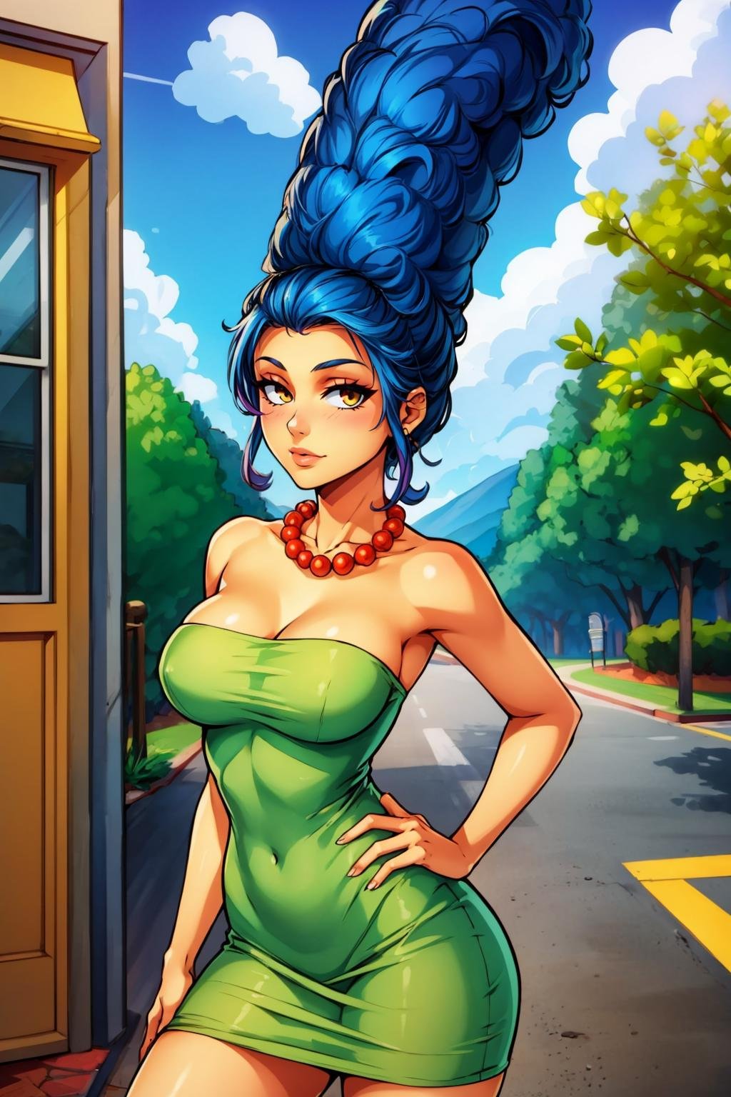 masterpiece, best quality, 1girl, solo, looking at viewer, breasts, <lora:margesimpson-guy-v2:1>, margesimpson, yellow skin, afro, big hair, necklace, pearl necklace, strapless dress, green dress, contrapposto, outdoors, depth of field, 