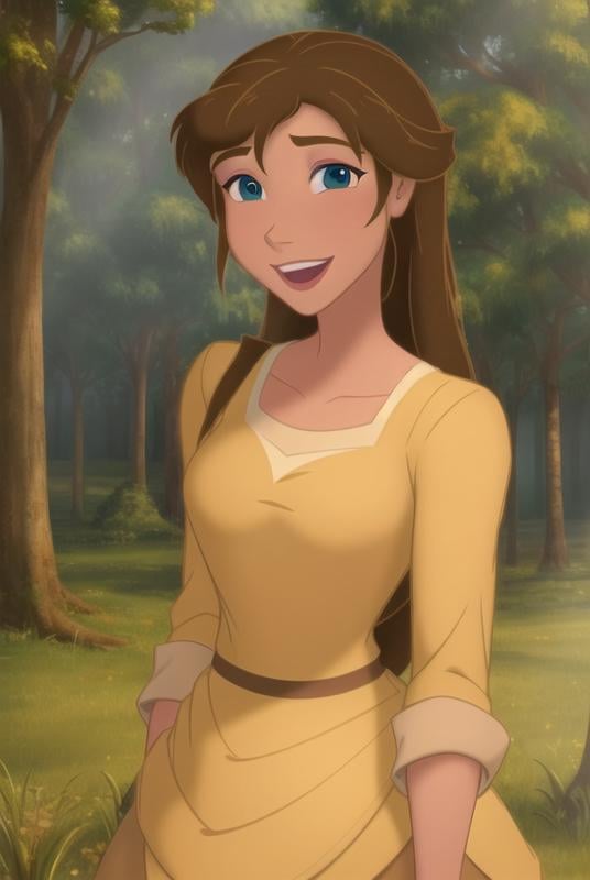 <lora:jane_porter:0.8>, jane porter, masterpiece, best quality, 1girl, solo, brown hair, smile, open mouth, long hair, blue eyes, tree, upper body, outdoors, yellow shirt, shirt, grass, collarbone,