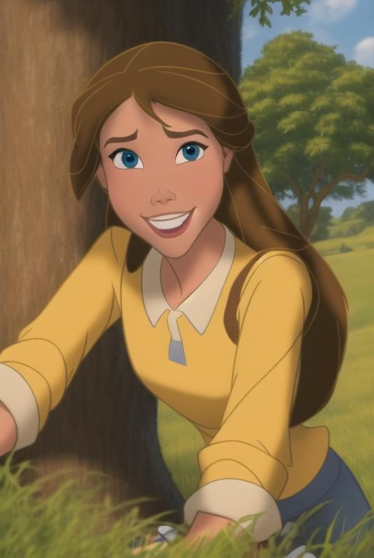 <lora:jane_porter:0.8>, jane porter, masterpiece, best quality, 1girl, solo, brown hair, smile, open mouth, long hair, blue eyes, tree, upper body, outdoors, yellow shirt, shirt, grass, collarbone,