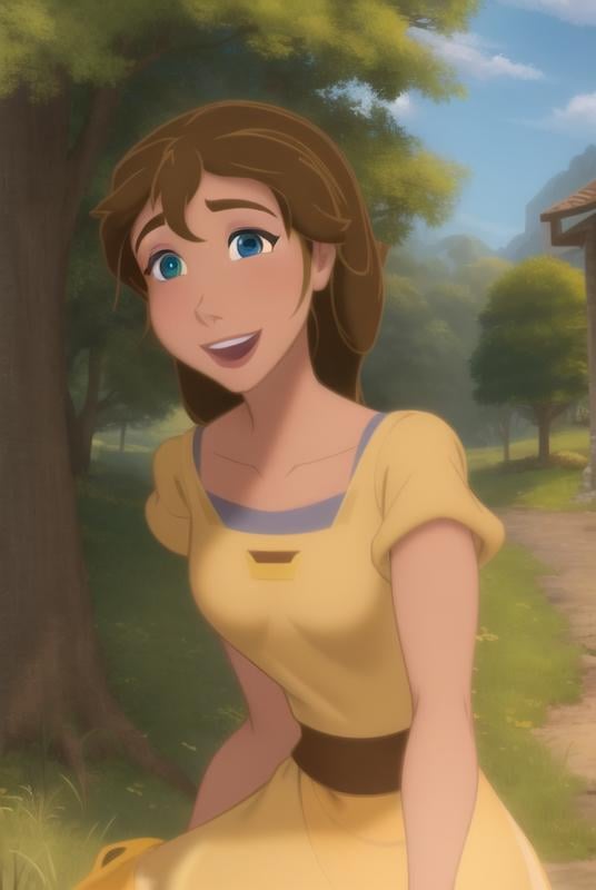 <lora:jane_porter:0.8>, jane porter, masterpiece, best quality, 1girl, solo, brown hair, smile, open mouth, long hair, blue eyes, tree, upper body, outdoors, yellow shirt, shirt, grass, collarbone,