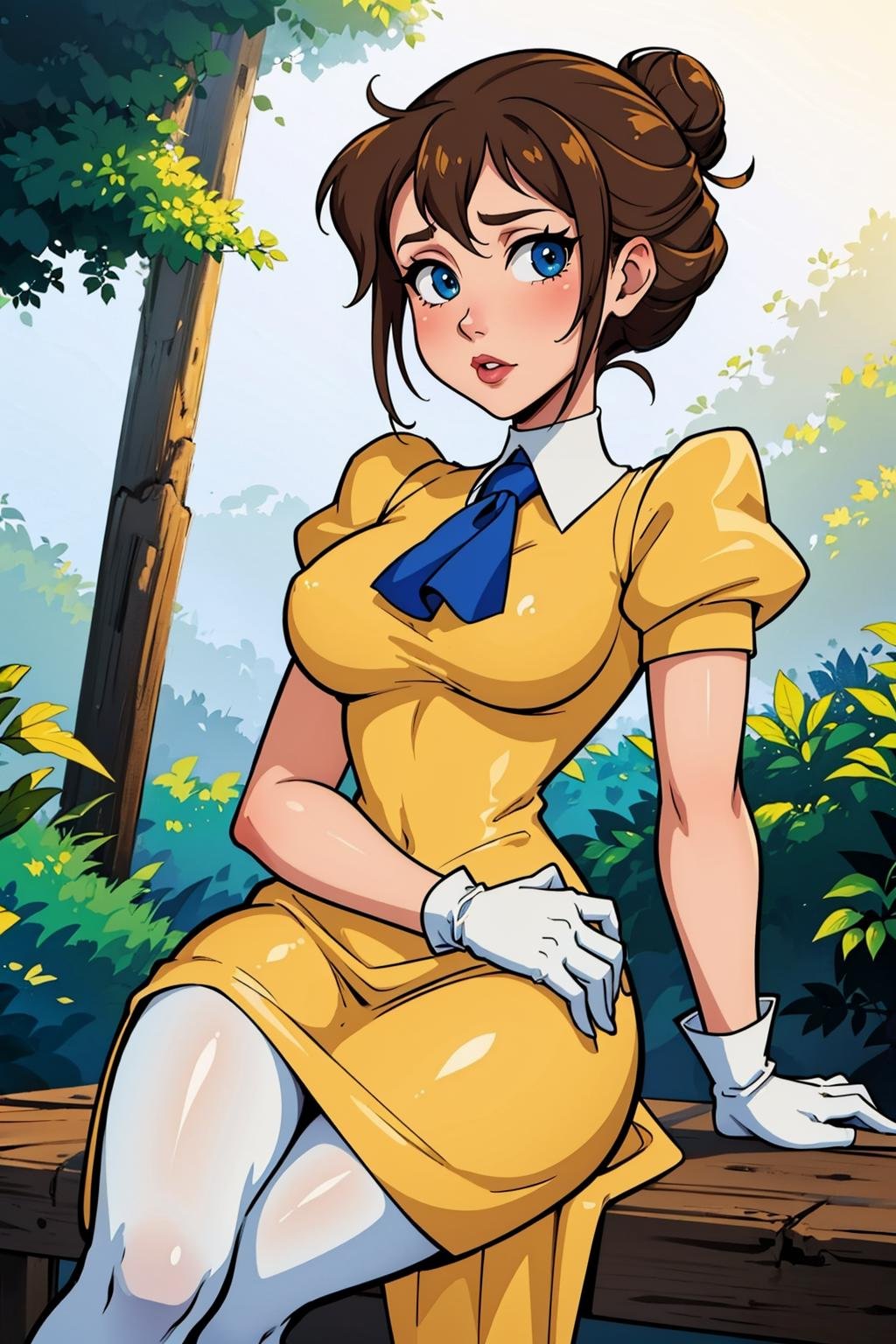 masterpiece, best quality, 1girl, solo, looking at viewer, breasts, <lora:janeporter-guy-v2:1>, janeporter, short hair, hair bun, yellow dress, long dress, puffy sleeves, ascot, white gloves, sitting, white pantyhose, 