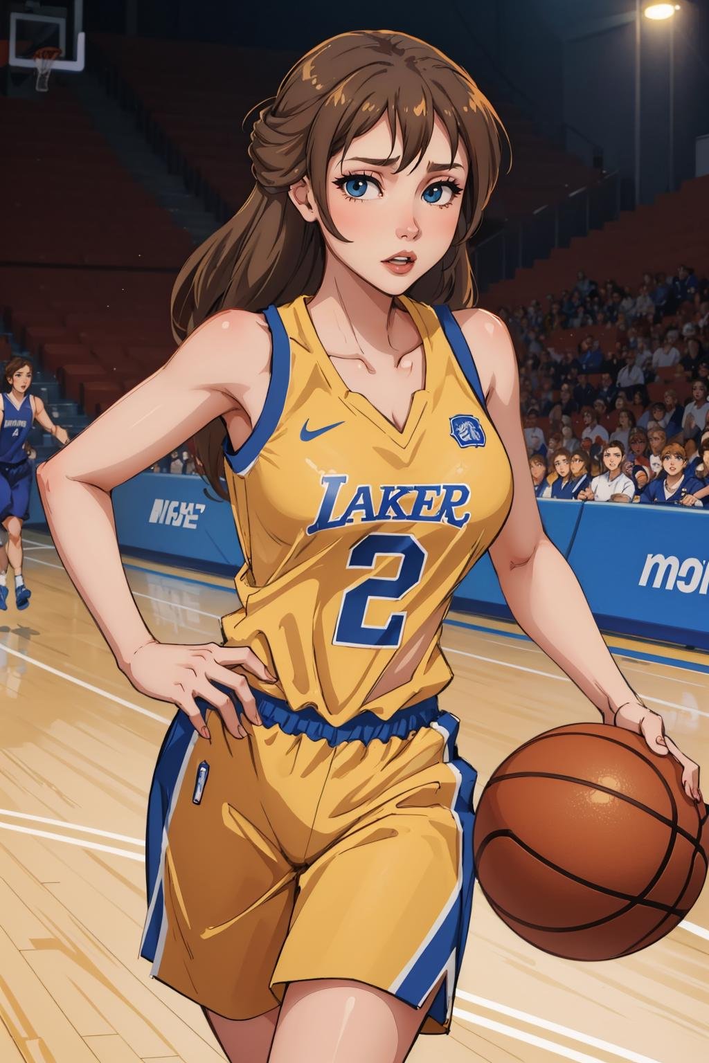 masterpiece, best quality, 1girl, solo, looking at viewer, large breasts, mature female, collarbone, <lora:janeporter-guy-v2:.95>, janeporter, long hair, basketball uniform, dribbling \(basketball\), running, 