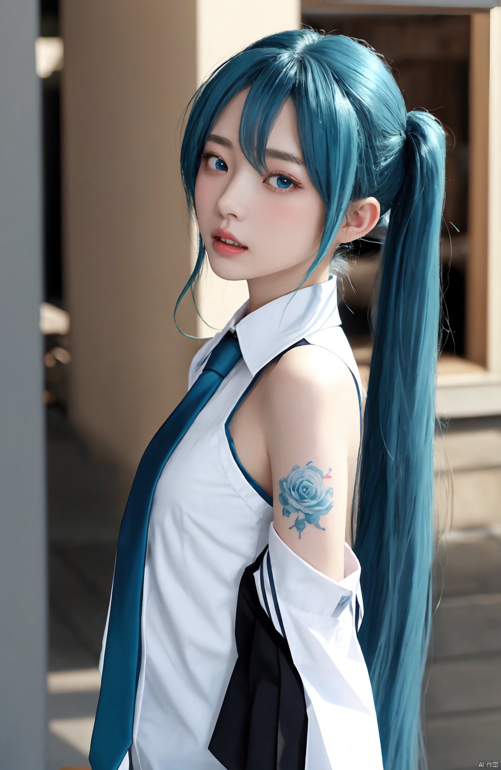  (masterpiece), (best quality), loli, 1girl, solo, twintails, long hair, hatsune miku, detached sleeves, shirt, necktie, bangs, looking at viewer, sleeveless, sleeveless shirt, upper body, hair between eyes, blue eyes, blush, petals, very long hair, collared shirt, long sleeves, blue hair, bare shoulders, hair ornament, parted lips, black sleeves, blurry, looking to the side, wide sleeves, hand up, ahoge, from side, blurry background, tattoo, grey shirt, white shirt, blue necktie,, Peeing with spread pussy