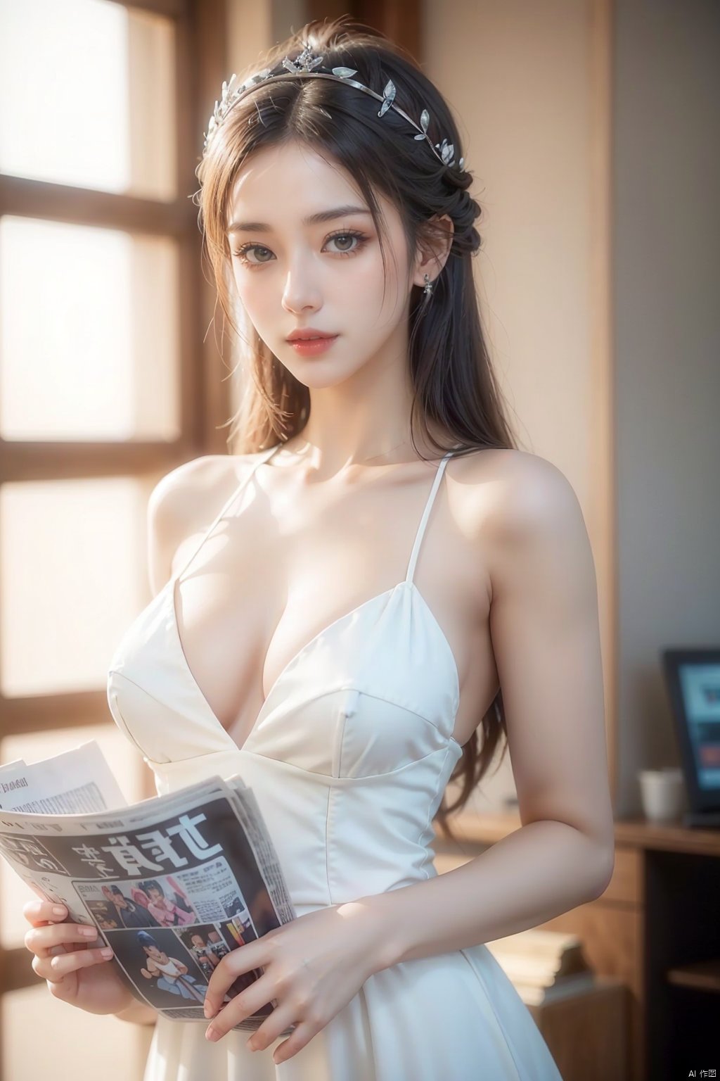  (1girl), light and shadow, wabstyle, glowing, white hair, long hair, wind, two-tone body, two-tone hair, (put nothing on:1.8),cleavage, shine tatoo, upper body, (photorealistic:1.4), flash, cinematic angle, mysterious, magical, obsidain, backlighting, fluctuation, 8k, photo, red, translucent, X-ray, goddess, (chakra:1.2),dress, glowing body, elegant, ntricate details, highly detailed,cinematic, dimmed colors, dark shot, muted colors, film grain, depth blur, blurry background dof, bokeh, realistic, realistic skin, Newspaper wall, huge filesize,newspaper, drakan_longdress_dragon crown_headdress, BY MOONCRYPTOWOW, MUSCULAR FEMALE, DOAMOMIJI