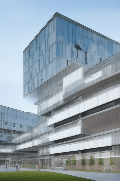cube-shaped hospital with large balconies, with blue glass windows, hyper-realistic photography appearance