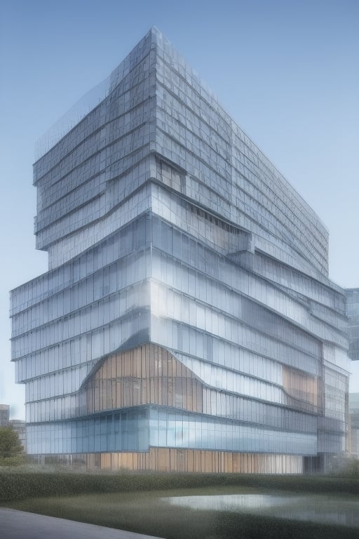 cube-shaped building with large balconies, with blue glass windows, hyper realistic photography appearance