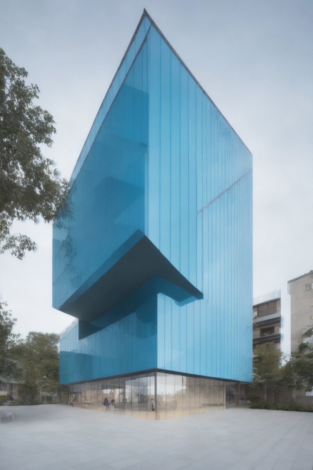 arqui cube-shaped building with large balconies, with blue glass windows, hyper realistic photography appearance