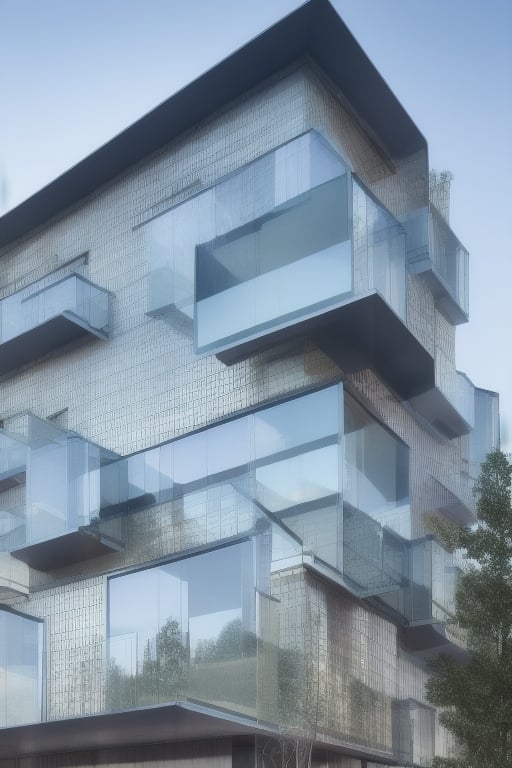 arqui cube-shaped building with large balconies, with blue glass windows, hyper realistic photography appearance
