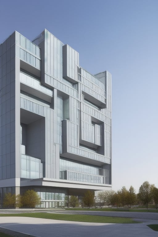 Cube-shaped hospital with large balconies with glass windows, looking like a photograph.