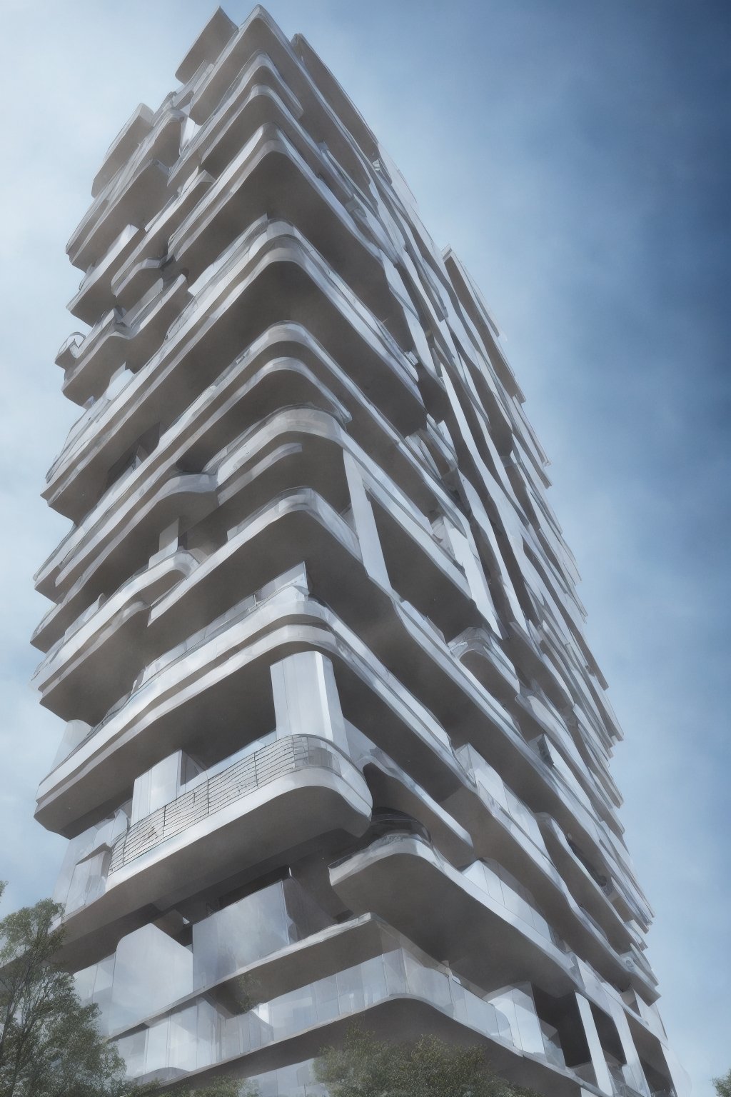 cylinder-shaped building with large balconies, looking like a hyper-realistic photograph