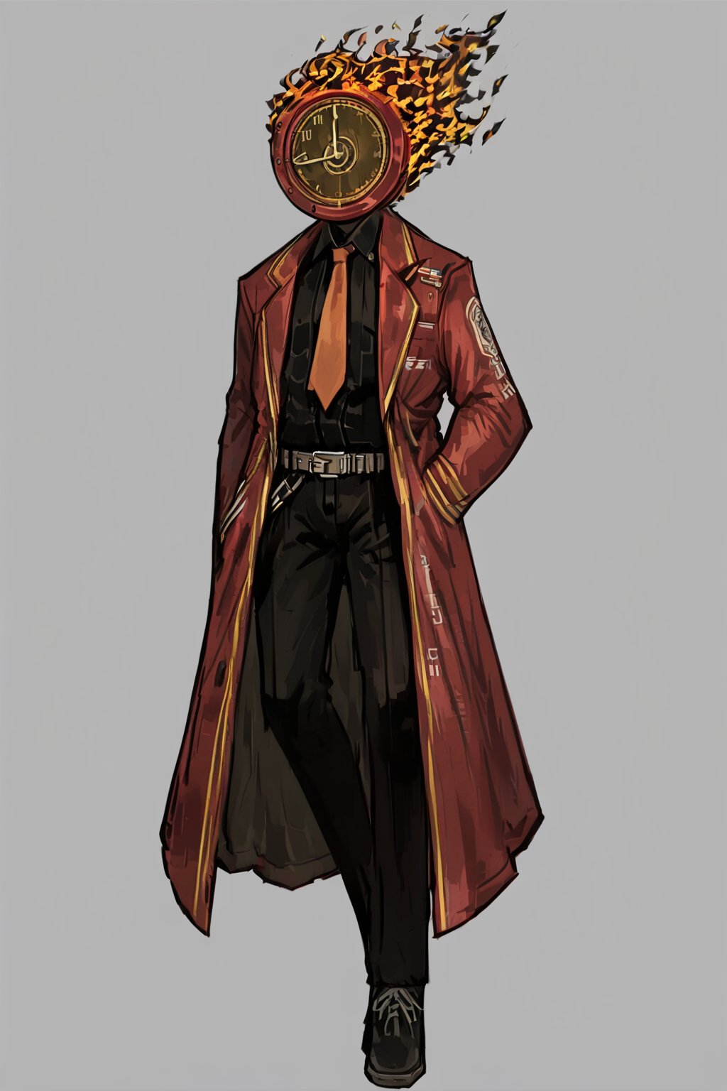 masterpiece, best quality, high resolution illustration, finely detailed, beautiful eyes and detailed face, hyper detail, intricate details, ((full body)), (standing), (solo), (1boy), adult, (black shirt, red necktie, belt, black pants, red coat, black shoes), (object head, clock head, broad shoulders, muscular body, fire), simple_background, grey_background, Library_of_Ruina, LimbusCompany_Dante