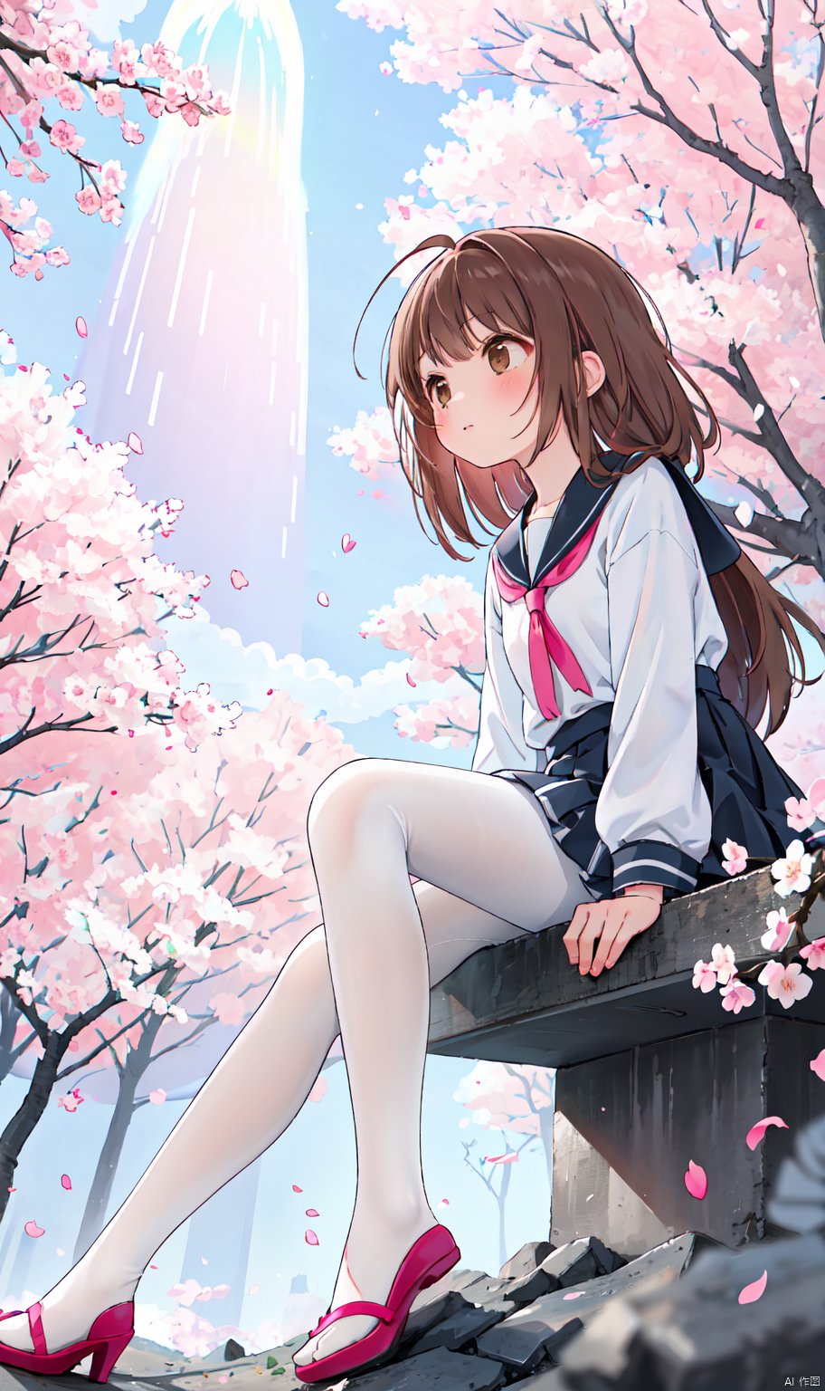  1girl,[sitting under the sakura tree,knee up],(from below,wide shot,mid shot,full body,panorama,depth of field),(looking up),(pink petals,tyndall effect),masterpiece,best quality,girl,long hair,ahoge,messy hair,brown hair,brown eyes,white pantyhose,