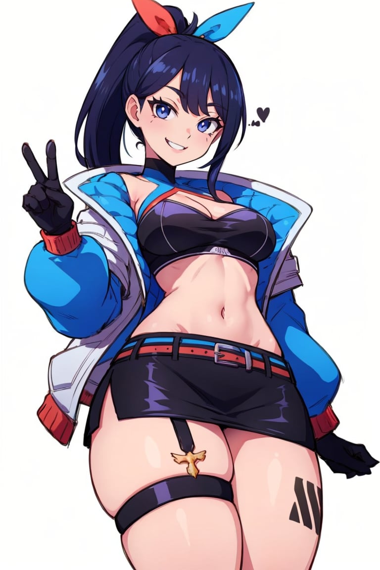 <lora:Diva_Rikka-DEF:0.7> rikkadiva, solo, ponytail, peace hand gesture, smile, jacket, gloves, miniskirt, thigh strap, leg tattoo, cowboy shot, white background