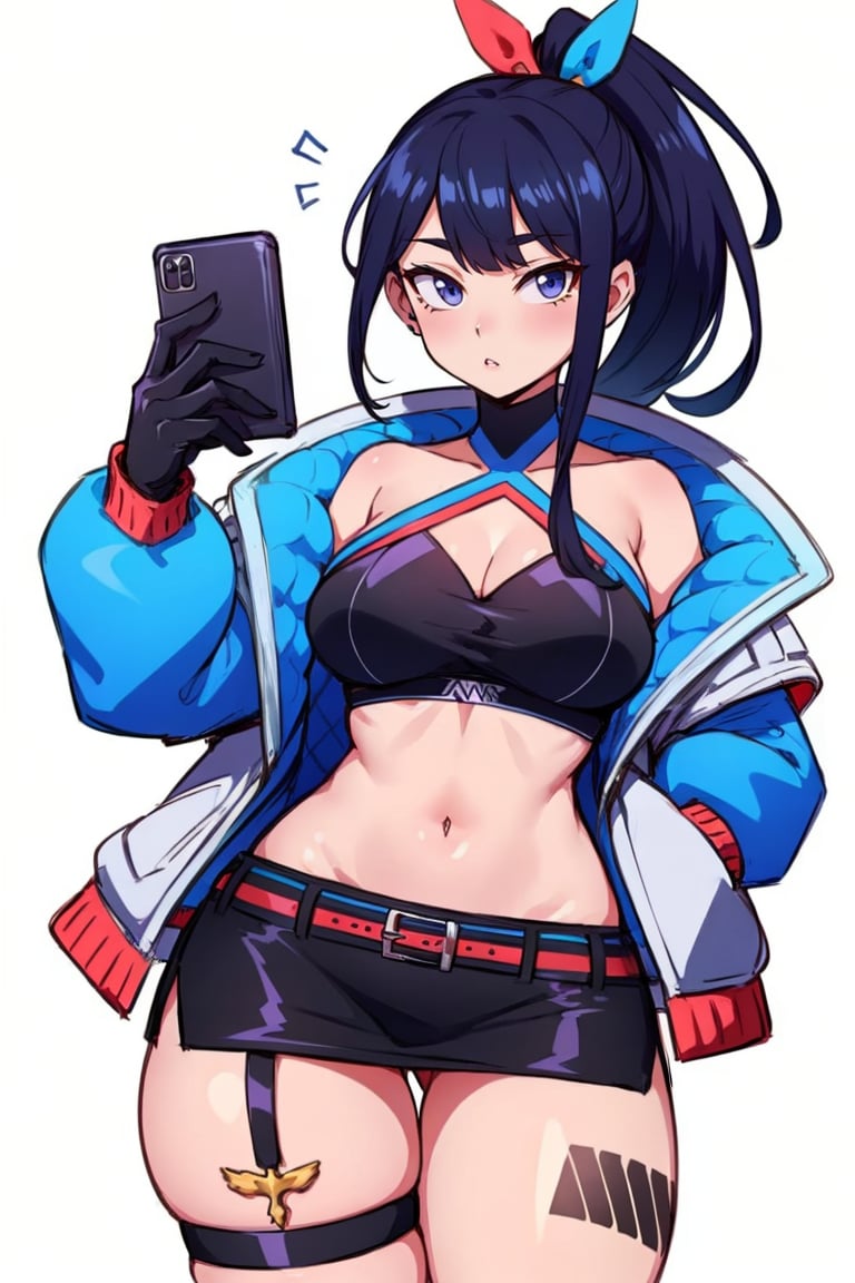 <lora:Diva_Rikka-DEF:0.7> rikkadiva, solo, ponytail, cellphone, selfie, jacket, gloves, miniskirt, thigh strap, leg tattoo, cowboy shot, white background