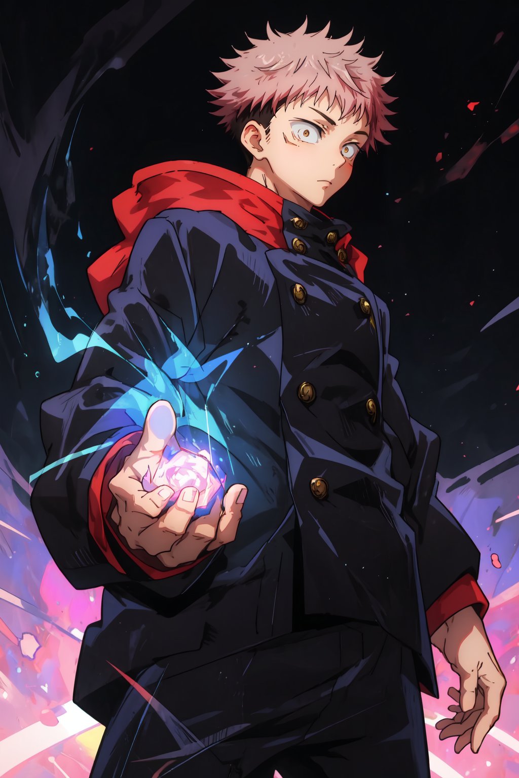 1boy, solo, male focus, aura,  glowing, energy, cowboy shot, JJKstyle, itadori yuji, facial mark, school uniform, black jacket, hood, glowing hands, serious