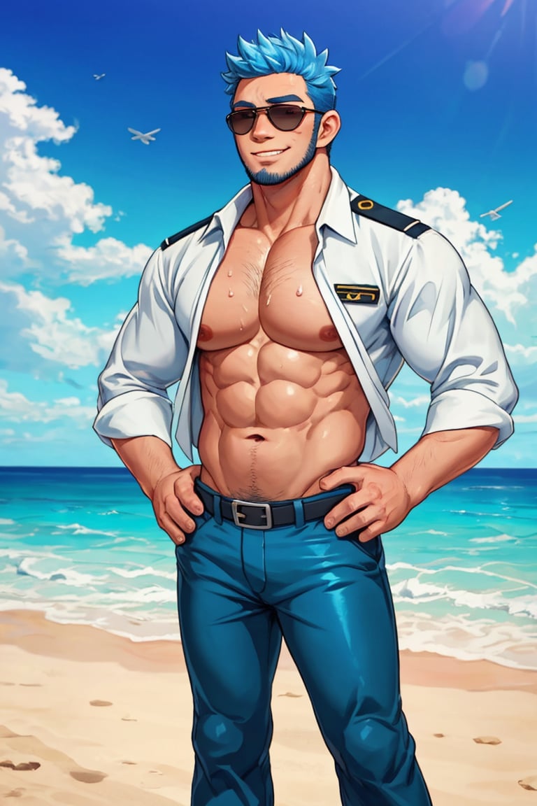 (1 image only), solo male, Wilbur, Animal Crossing, personification, pure blue hair, short hair, black eyes, blue facial hair, jawline stubble, aviation pilot uniform, white collor shirt, epaulette, open shirt,  bare pectoral, bare belly, aviator sunglasses, blue pants, socks, black footwear, mature, dilf, bara, handsome, charming, alluring, grin, blush, shy, standing, upper body, perfect anatomy, perfect proportions, (best quality, masterpiece), (perfect eyes, perfect eye pupil), perfect hands, high_resolution, dutch angle, cowboy shot, seaside, summer, shiny skin, sweaty,best quality