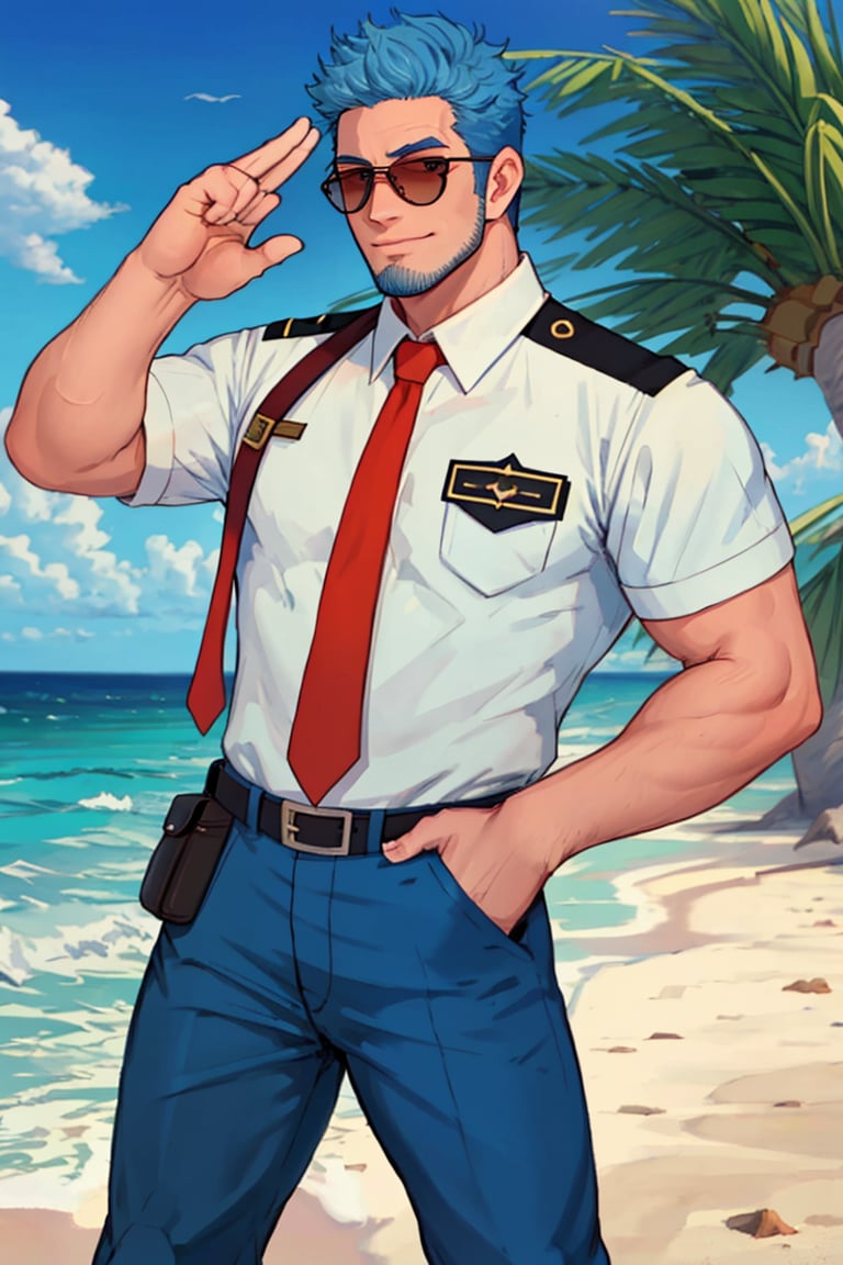 (1 image only), solo male, Wilbur, Animal Crossing, personification, pure blue hair, short hair, black eyes, blue facial hair, jawline stubble, aviation pilot uniform, white collor shirt, red necktie, epaulette, aviator sunglasses, blue pants, socks, black footwear, mature, dilf, bara, handsome, charming, alluring, grin,close-up,portrait, hand in pocket, (two-finger salute:1.2), perfect anatomy, perfect proportions, (best quality, masterpiece), (perfect eyes, perfect eye pupil), perfect hands, high_resolution, dutch angle, cowboy shot, seaside, summer