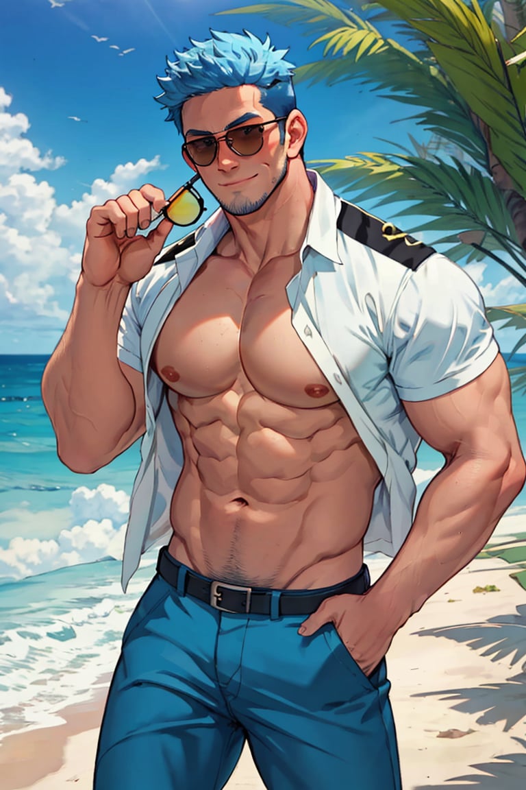 (1 image only), solo male, Wilbur, Animal Crossing, personification, pure blue hair, short hair, black eyes, blue facial hair, jawline stubble, aviation pilot uniform, white collor shirt, epaulette, open shirt,  bare pectoral, bare belly, aviator sunglasses, blue pants, socks, black footwear, mature, dilf, bara, handsome, charming, alluring, grin, blush, shy, standing, upper body, perfect anatomy, perfect proportions, (best quality, masterpiece), (perfect eyes, perfect eye pupil), perfect hands, high_resolution, dutch angle, cowboy shot, seaside, summer