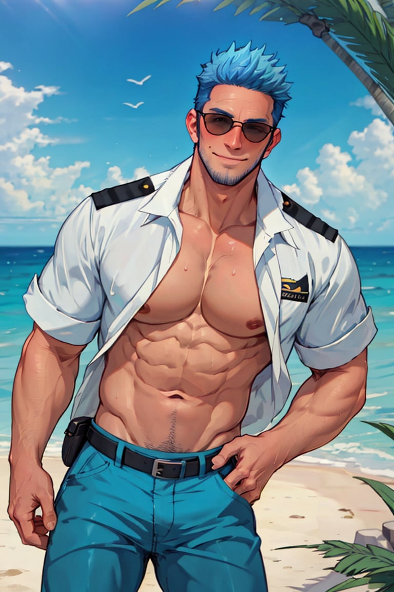 (1 image only), solo male, Wilbur, Animal Crossing, personification, pure blue hair, short hair, black eyes, blue facial hair, jawline stubble, aviation pilot uniform, white collor shirt, epaulette, open shirt,  bare pectoral, bare belly, aviator sunglasses, blue pants, socks, black footwear, mature, dilf, bara, handsome, charming, alluring, grin, blush, shy, standing, upper body, perfect anatomy, perfect proportions, (best quality, masterpiece), (perfect eyes, perfect eye pupil), perfect hands, high_resolution, dutch angle, cowboy shot, seaside, summer, shiny skin, sweaty