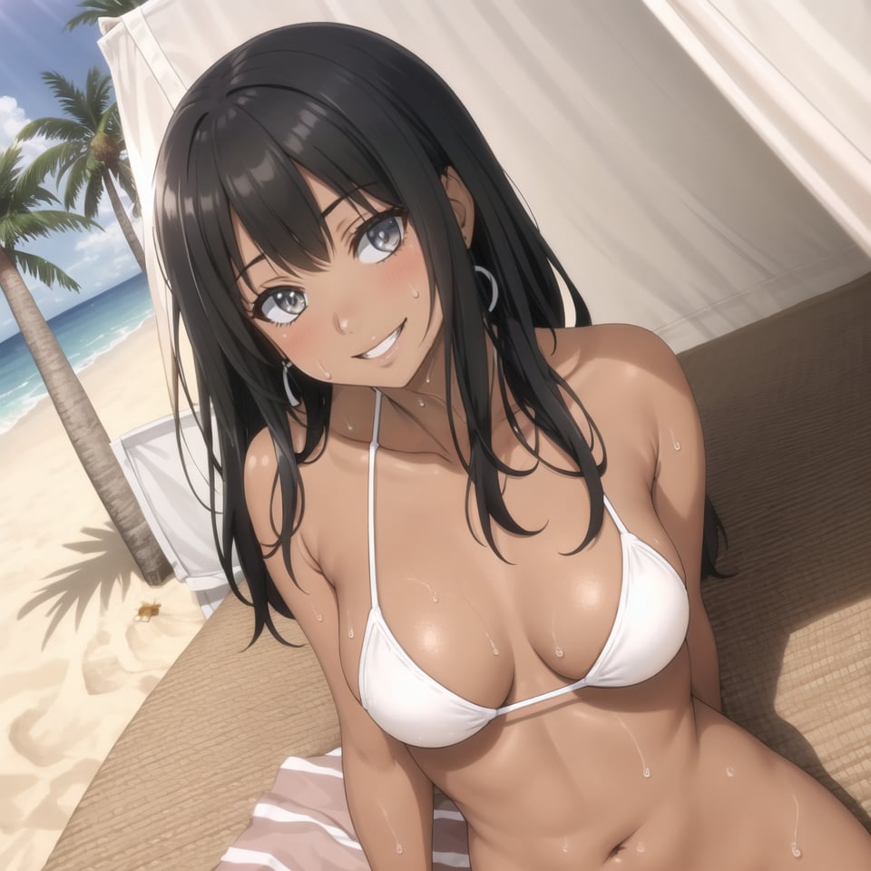 masterpiece, 1girl ,solo ,long hair, looking at the viewer ,dior,medium breasts, loose hair, mature, tall, whole body,smile, happy, fun,((bikini white))bunk bed,tannedrelax,resting,sweating,cocktailbeach,palms,Sunglasses,<lora:EMS-297365-EMS:0.800000>