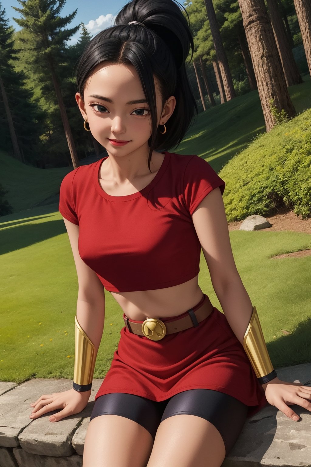 kale, 1girl, solo, black eyes, black hair, high ponytail, earrings,red shirt, crop top, short sleeves, wristband, red skirt, bike shorts, vambraces, bracer, miniskirt, shorts under skirt, midriff, belt, bracelet,smile,closed mouth,cowboy shot,sitting,forest,outdoor,(insanely detailed, beautiful detailed face, masterpiece, best quality) cinematic lighting,<lora:DBS_Kale_v1:1>, <lora:more_details:0.3>,