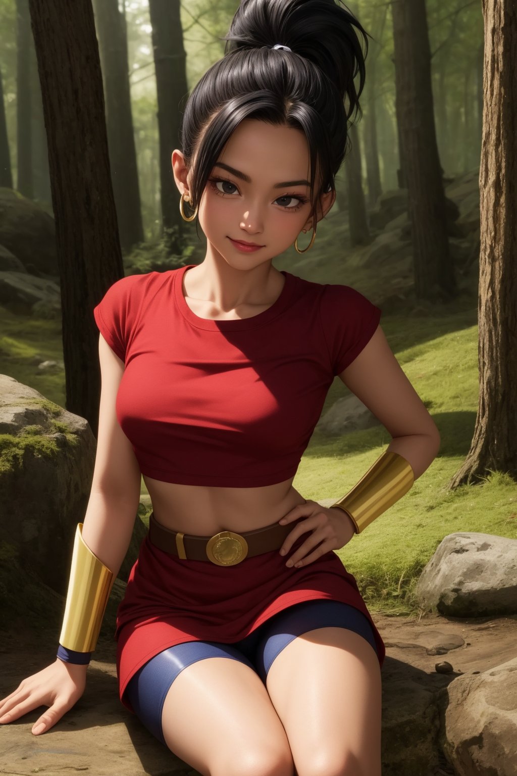 kale, 1girl, solo, black eyes, black hair, high ponytail, earrings,red shirt, crop top, short sleeves, wristband, red skirt, bike shorts, vambraces, bracer, miniskirt, shorts under skirt, midriff, belt, bracelet,smile,closed mouth,cowboy shot,sitting,forest,outdoor,(insanely detailed, beautiful detailed face, masterpiece, best quality) cinematic lighting,<lora:DBS_Kale_v1:1>, <lora:more_details:0.3>,