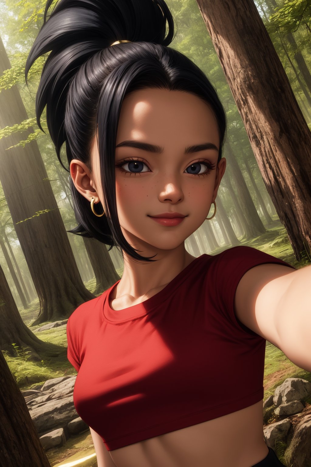 kale, 1girl, solo, black eyes, black hair, high ponytail, earrings,red shirt, crop top, short sleeves, wristband, red skirt, smile,closed mouth,portrait,forest,outdoor,(insanely detailed, beautiful detailed face, masterpiece, best quality) cinematic lighting,<lora:DBS_Kale_v1:1>, <lora:more_details:0.3>,