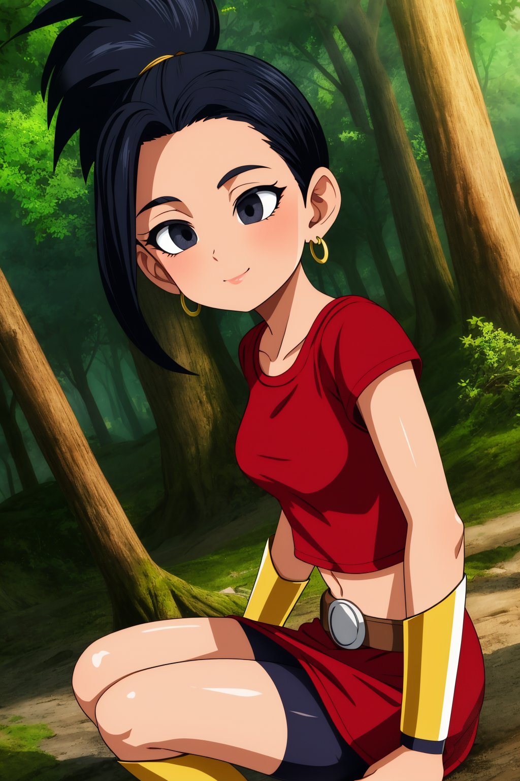 kale, 1girl, solo, black eyes, black hair, high ponytail, earrings,red shirt, crop top, short sleeves, wristband, red skirt, bike shorts, vambraces, bracer, miniskirt, shorts under skirt, midriff, belt, bracelet,smile,closed mouth,forest,outdoor,(insanely detailed, beautiful detailed face, masterpiece, best quality) cinematic lighting,<lora:DBS_Kale_v1:1>, <lora:more_details:0.3>,