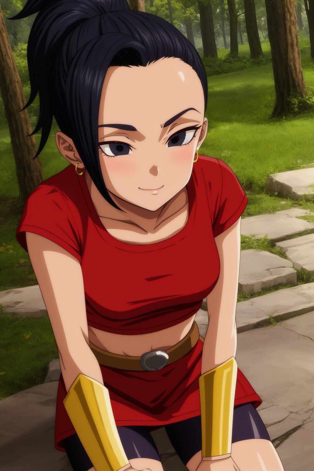 kale, 1girl, solo, black eyes, black hair, high ponytail, earrings,red shirt, crop top, short sleeves, wristband, red skirt, bike shorts, vambraces, bracer, miniskirt, shorts under skirt, midriff, belt, bracelet,smile,closed mouth,forest,outdoor,(insanely detailed, beautiful detailed face, masterpiece, best quality) cinematic lighting,<lora:DBS_Kale_v1:1>, <lora:more_details:0.3>,