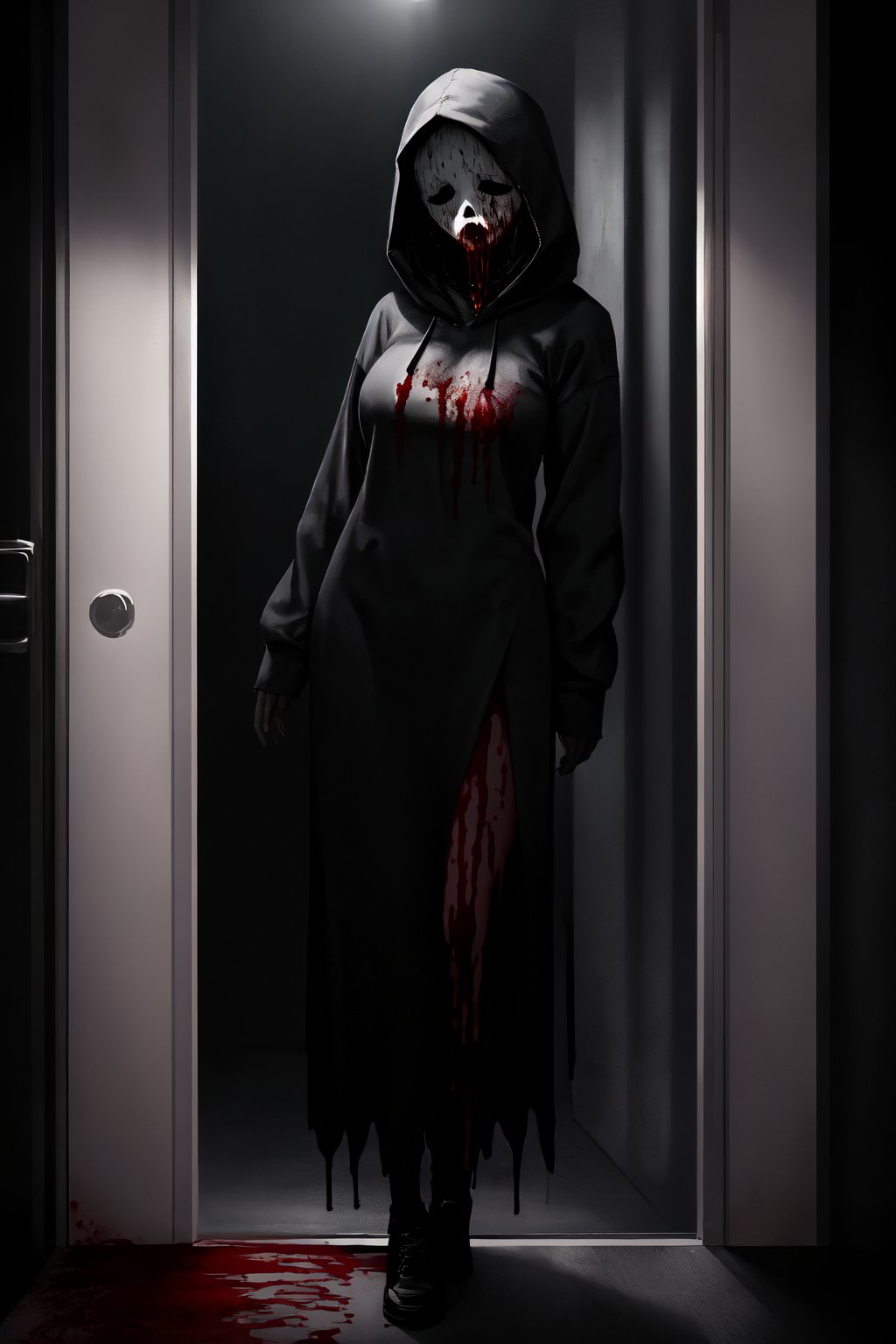 master piece, HD, ultra detailled, high definition, high_res, high_resolution, portrait, 1girl, ghostface, creepy, black_hoodie, black_layer, medium_breasts, ghosface_mask, (blood_on_clothes:1.1), looking_fron_the_window, dark art,fantasy00d