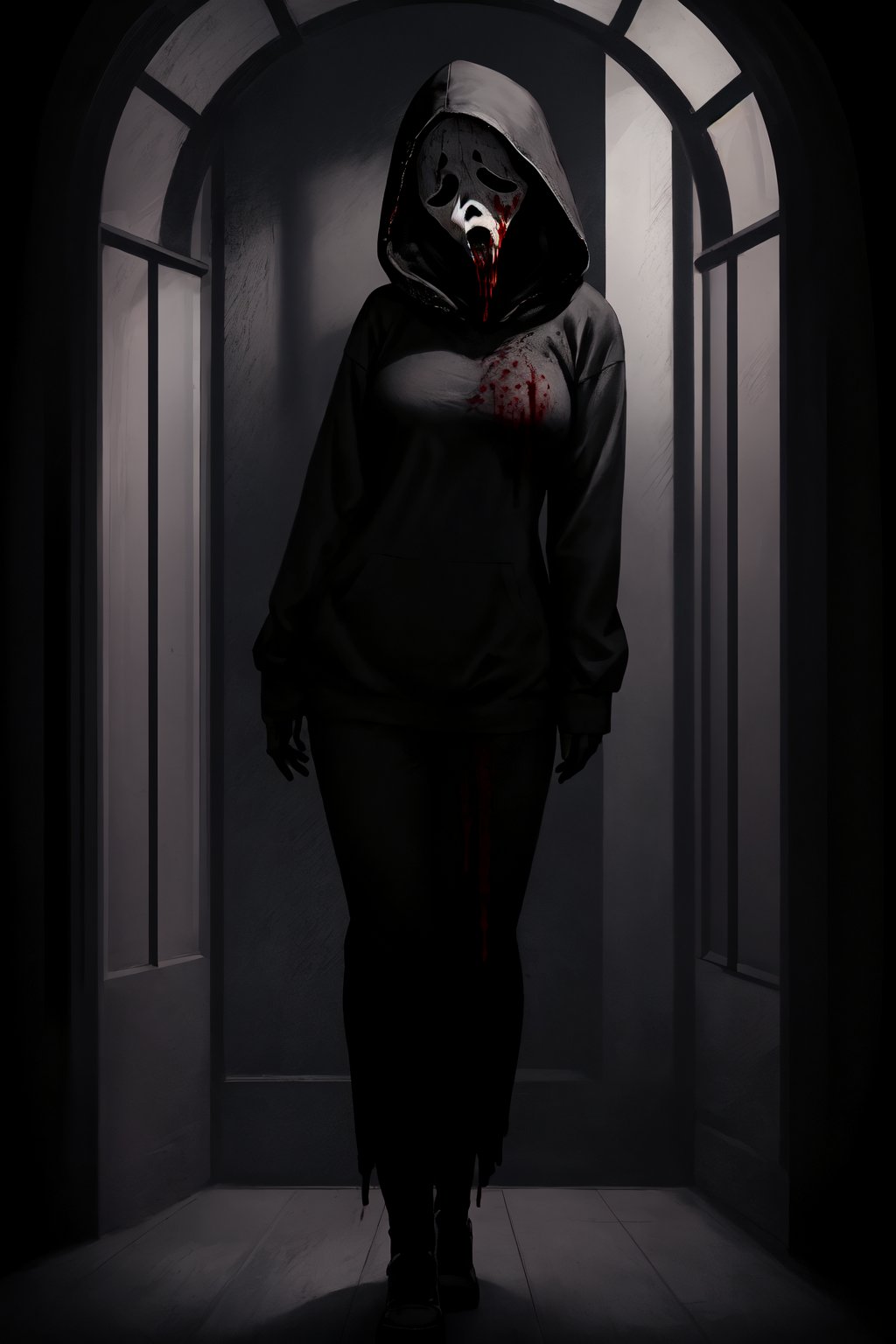 master piece, HD, ultra detailled, high definition, high_res, high_resolution, portrait, 1girl, ghostface, creepy, black_hoodie, black_layer, medium_breasts, ghosface_mask, (blood_on_clothes:1.1), looking_fron_the_window, dark art,fantasy00d