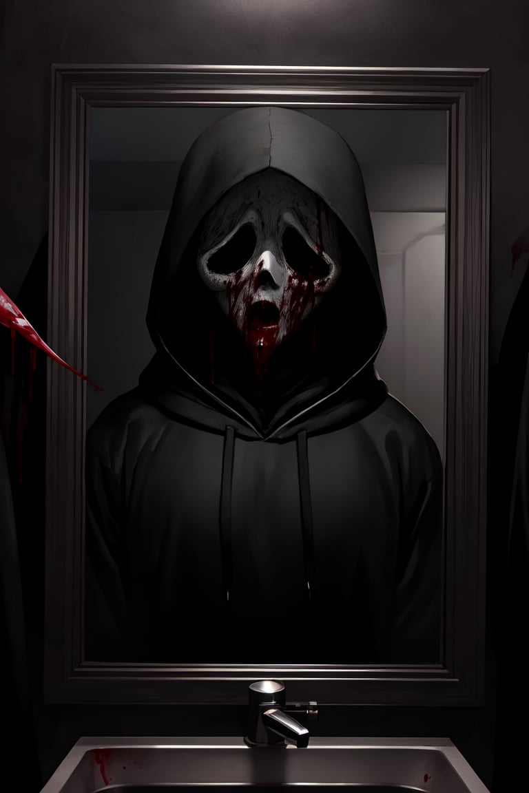 master piece, HD, ultra detailled, high definition, high_res, high_resolution, portrait, 1boy, ghostface, creepy man, black_hoodie, black_layer, ghosface_mask, (blood_on_clothes:1.2), looking_at_the_mirror, dark art,nodf_lora
