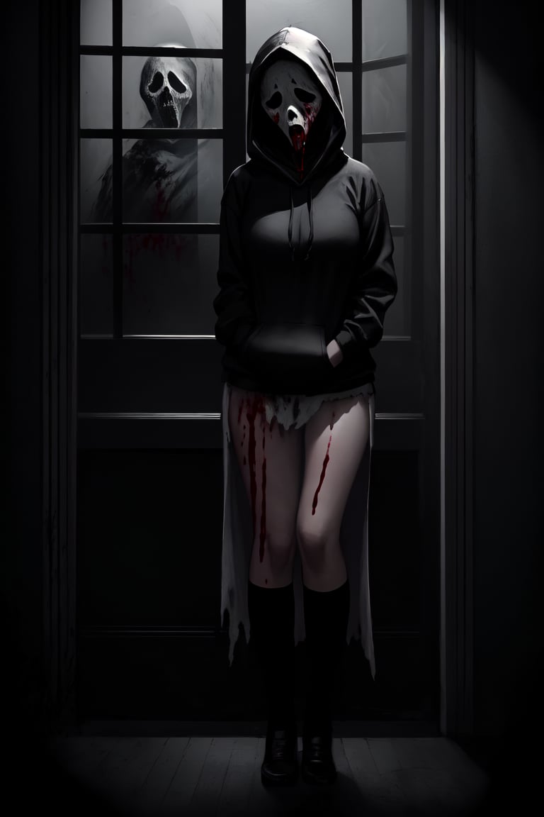 master piece, HD, ultra detailled, high definition, high_res, high_resolution, portrait, 1girl, ghostface, creepy, black_hoodie, black_layer, medium_breasts, ghosface_mask, (blood_on_clothes:1.1), looking_fron_the_window, dark art,fantasy00d