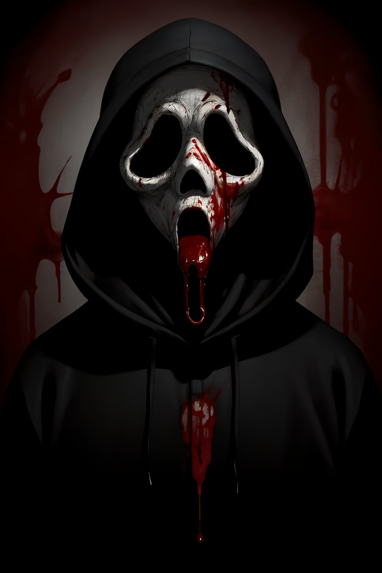 master piece, HD, ultra detailled, high definition, high_res, high_resolution, portrait, 1boy, ghostface, creepy man, black_hoodie, black_layer, ghosface_mask, (blood_on_clothes:1.2), looking_at_the_mirror, dark art